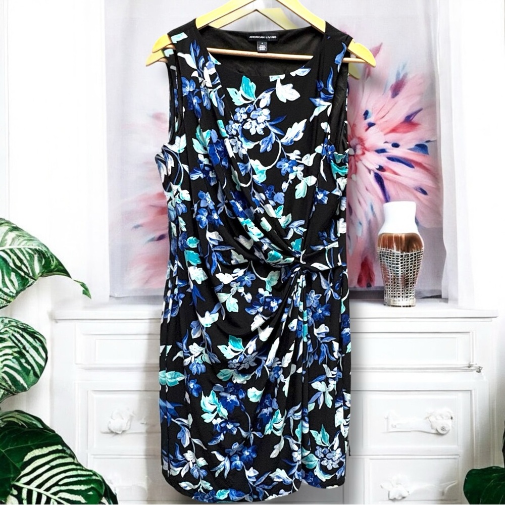 American Living Faux Wrap Navy Floral Print Sleeveless‎ Dress